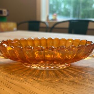 Amber iridescent carnival glass candy dish